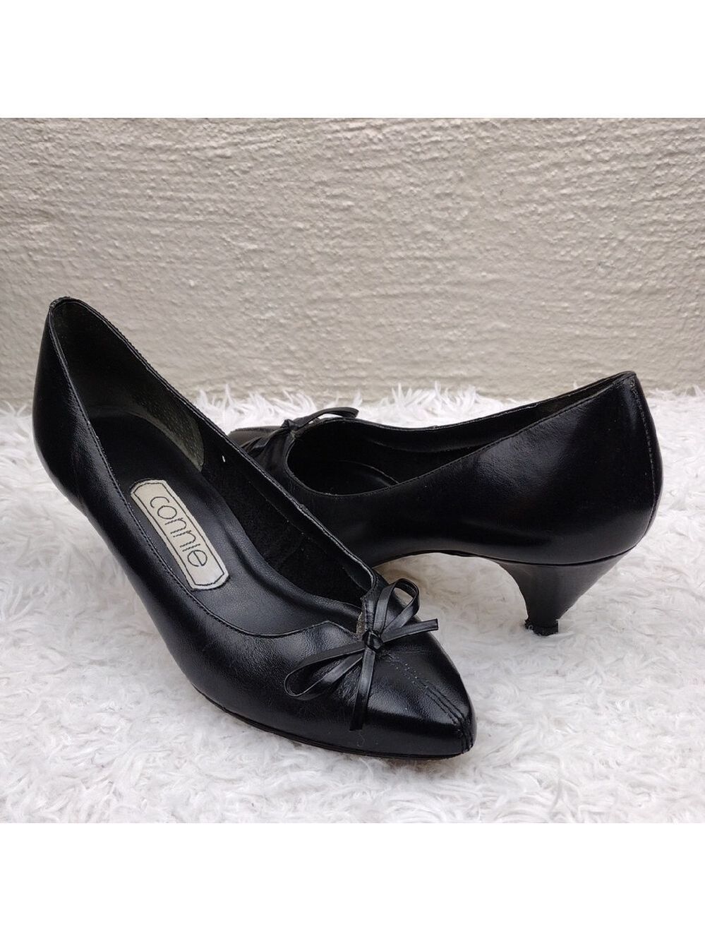Connie Celia Black Leather Faux Bow Upper Pointed-Toe Kitten Heel Slip On Shoe